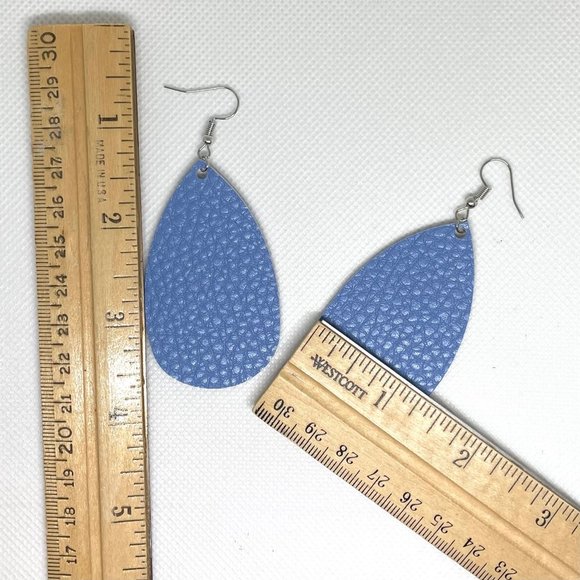 Teardrop Faux Leather Earrings in Sky Blue Lightweight New Textured - Picture 5 of 6